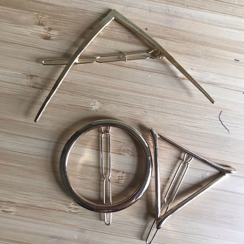 Three geometric brass hair barrettes / clips